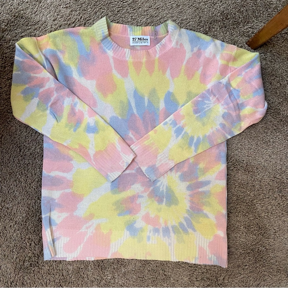 27 Miles Malibu 100% Cashmere Crew Neck Spring Sweater  Tie Dye